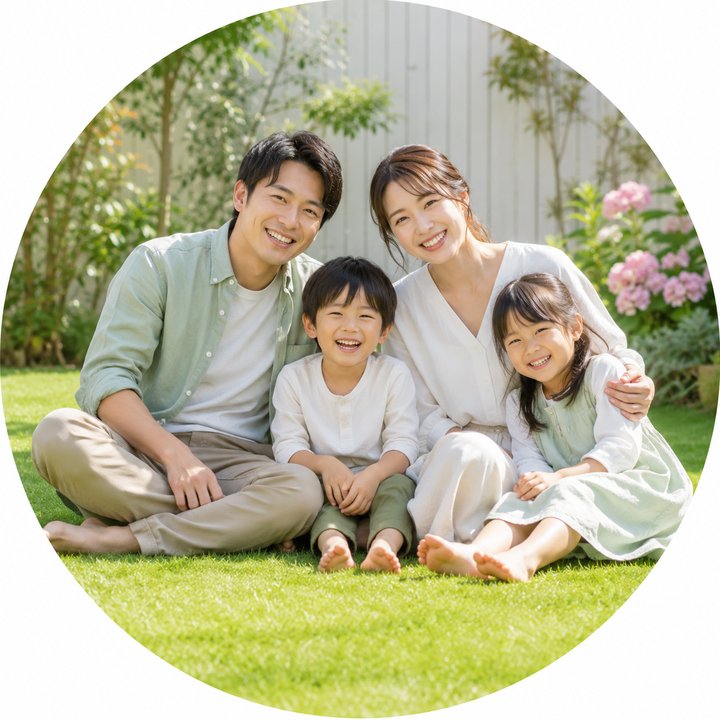 芝生の庭でくつろぐ家族